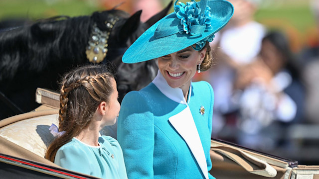 Catherine, Princess of Wales, shares a sweet moment with her daughter, Princess Charlotte, at the Trooping the Colour 2025 parade